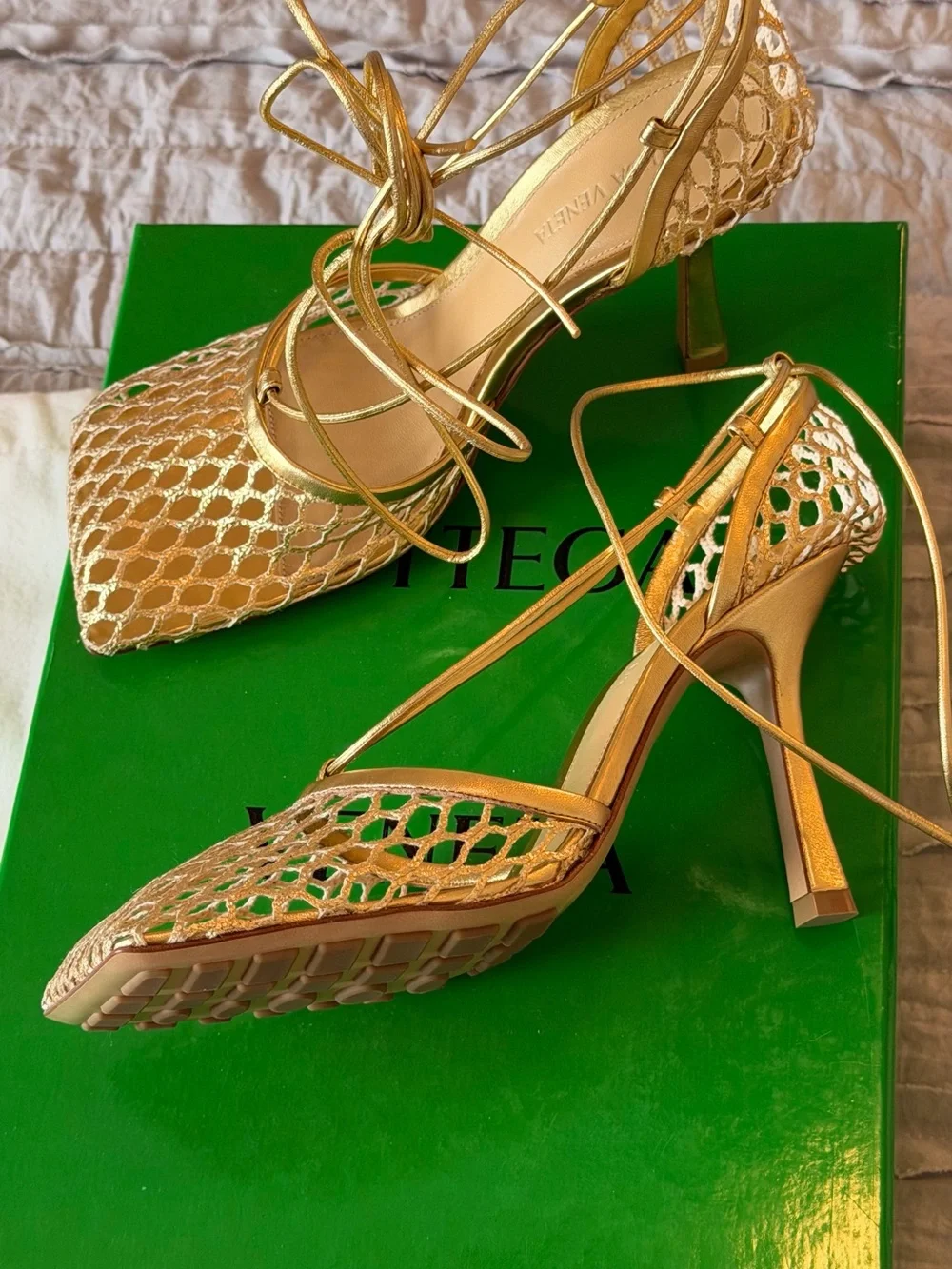 Bottega Veneta Metallic Gold Mesh Lace-Up Heels